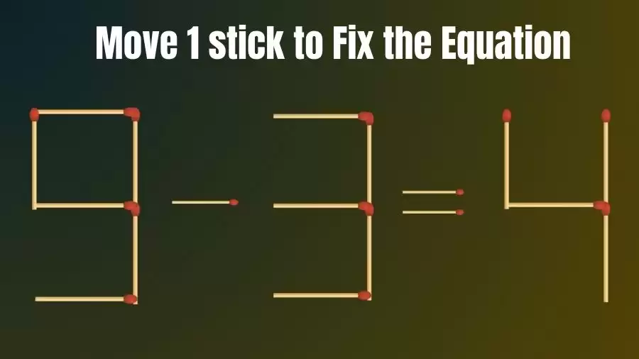 Matchstick Riddle: 9-3=4 Fix The Equation By Moving 1 Stick