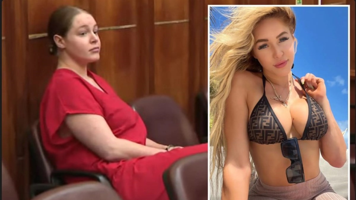 Courtney Clenney's two picture in two frame, one in court and other the glamorous one